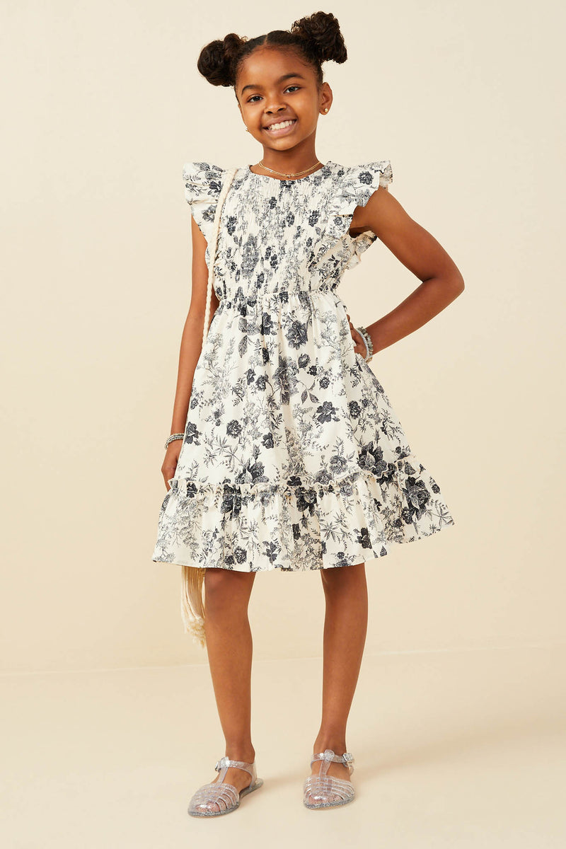 GY9032 Black Girls Antique Floral Smock And Ruffle Dress Pose