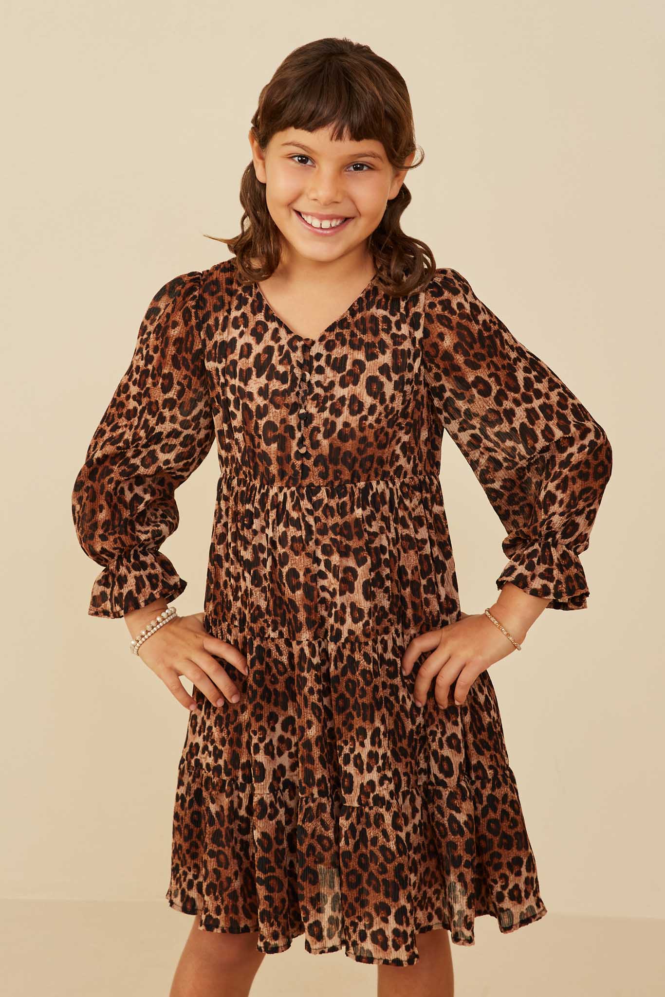 Girls Tiered Leopard V-Neck Dress