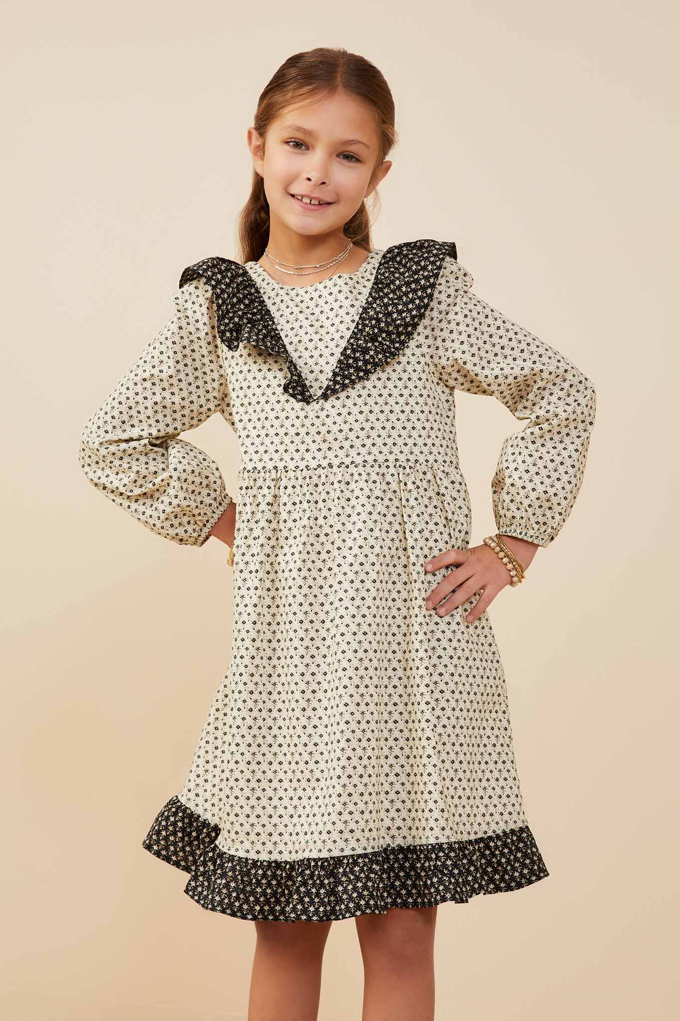 Girls Ruffle Print Collar Dress