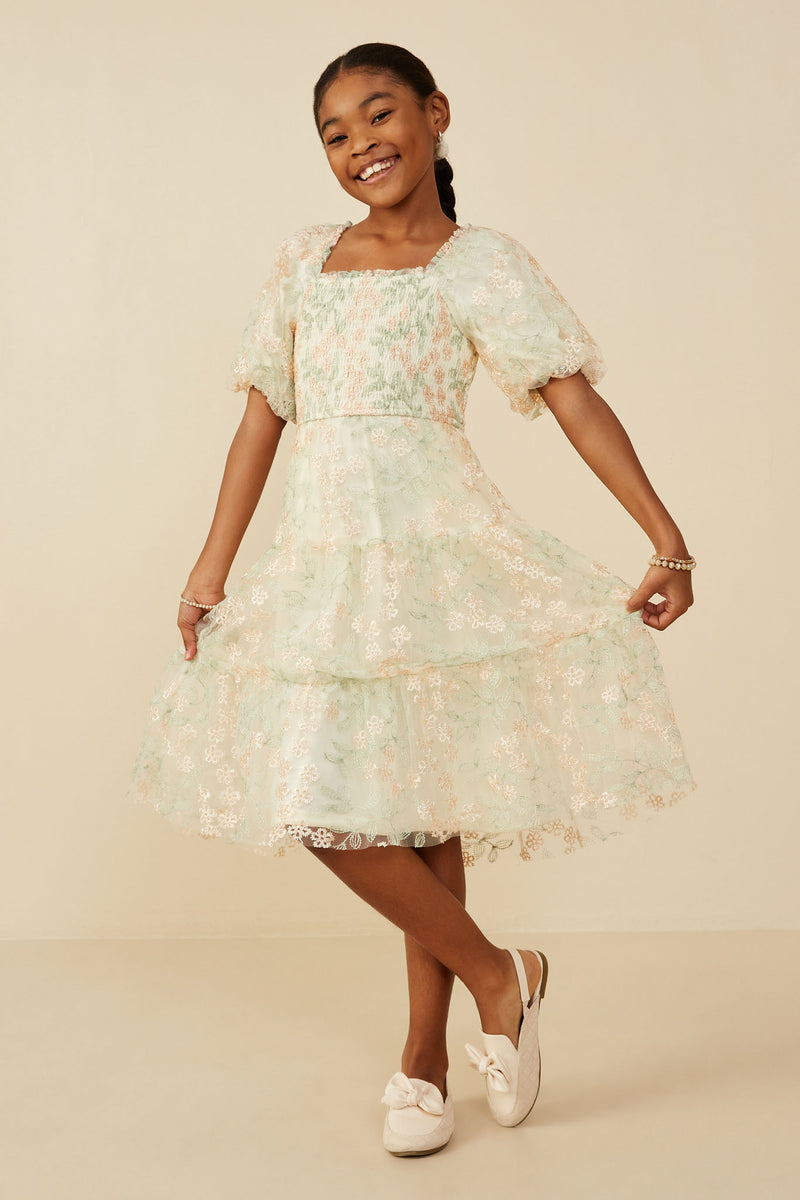 GY9119 Ivory Girls Smocked Floral Mesh Lace Tiered Dress Pose