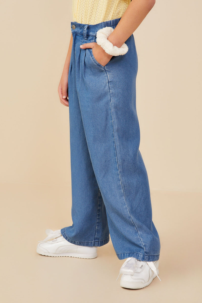 GY9146 Mid Denim Girls Pleated Detail Wide Leg Tencel Pants Side