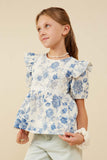 GY9154 Blue Girls Antique Floral Lace Trimmed Ruffle Top Front