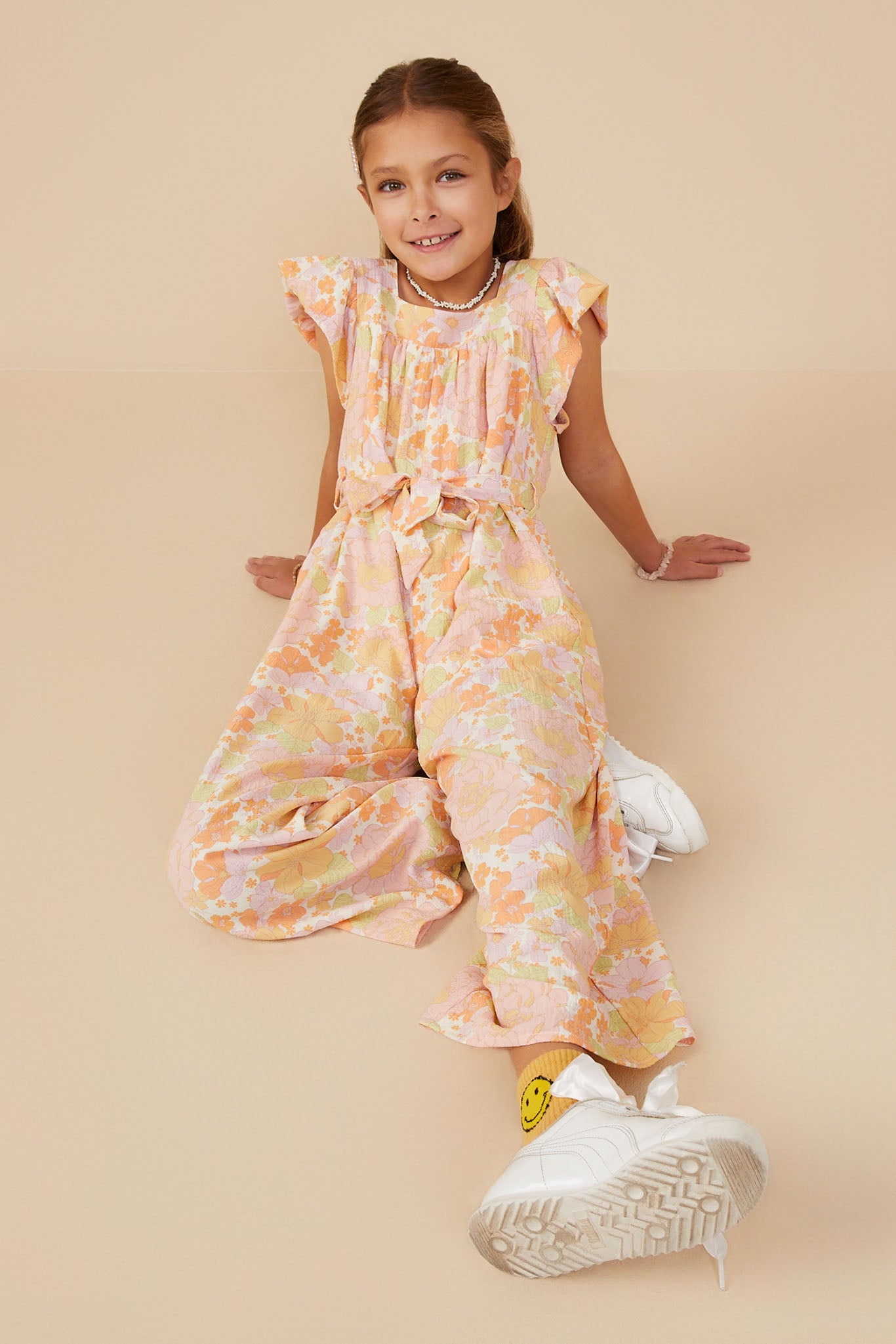 cute jumpsuit dress Girls Floral Textured Belted Jumpsuit