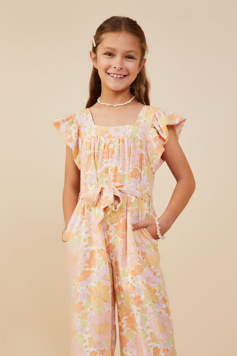 GY9161 Pink Girls Textured Floral Wide Leg Belted Jumpsuit Front
