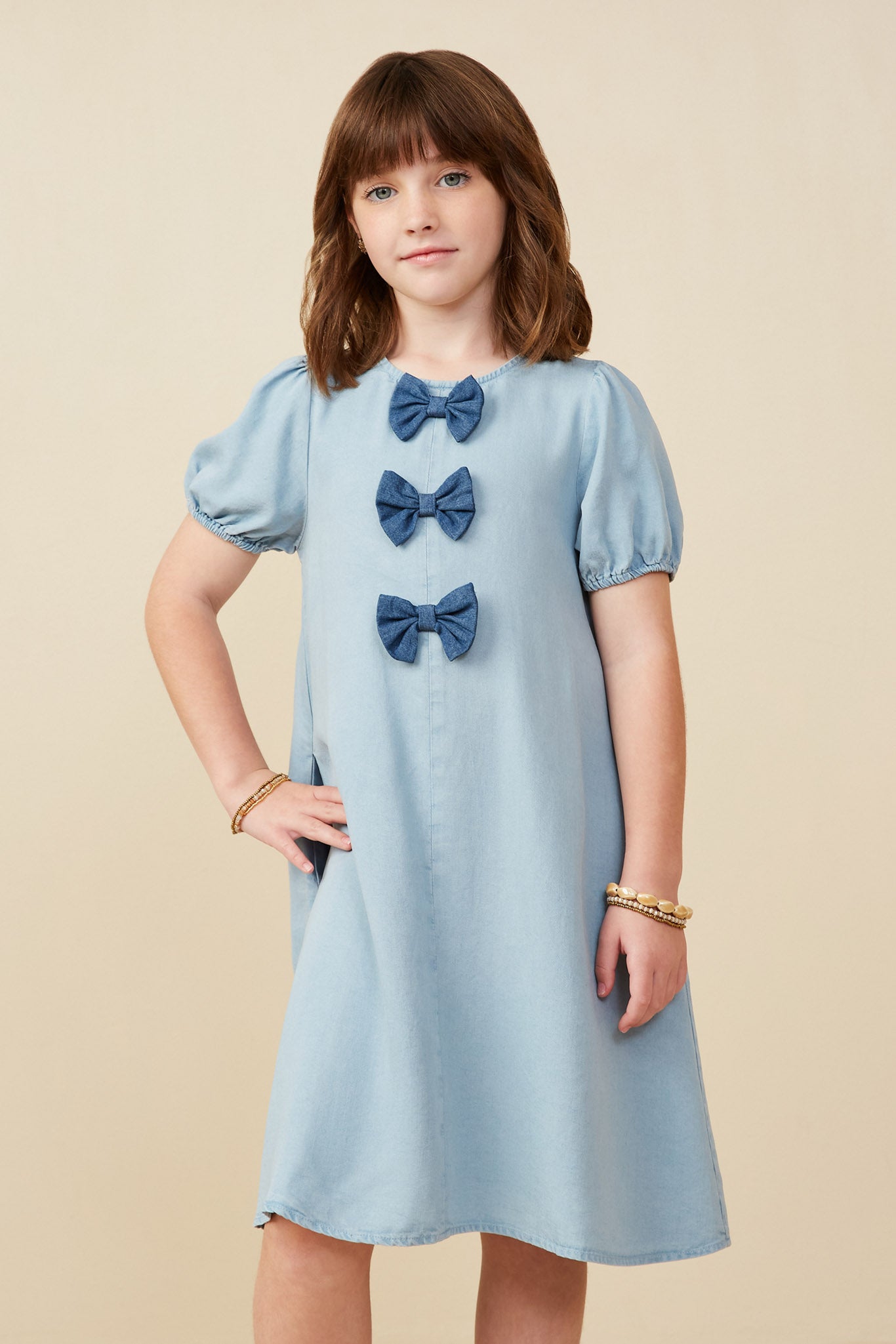 Girls Bow Detail Tencel Puff Sleeve Dress