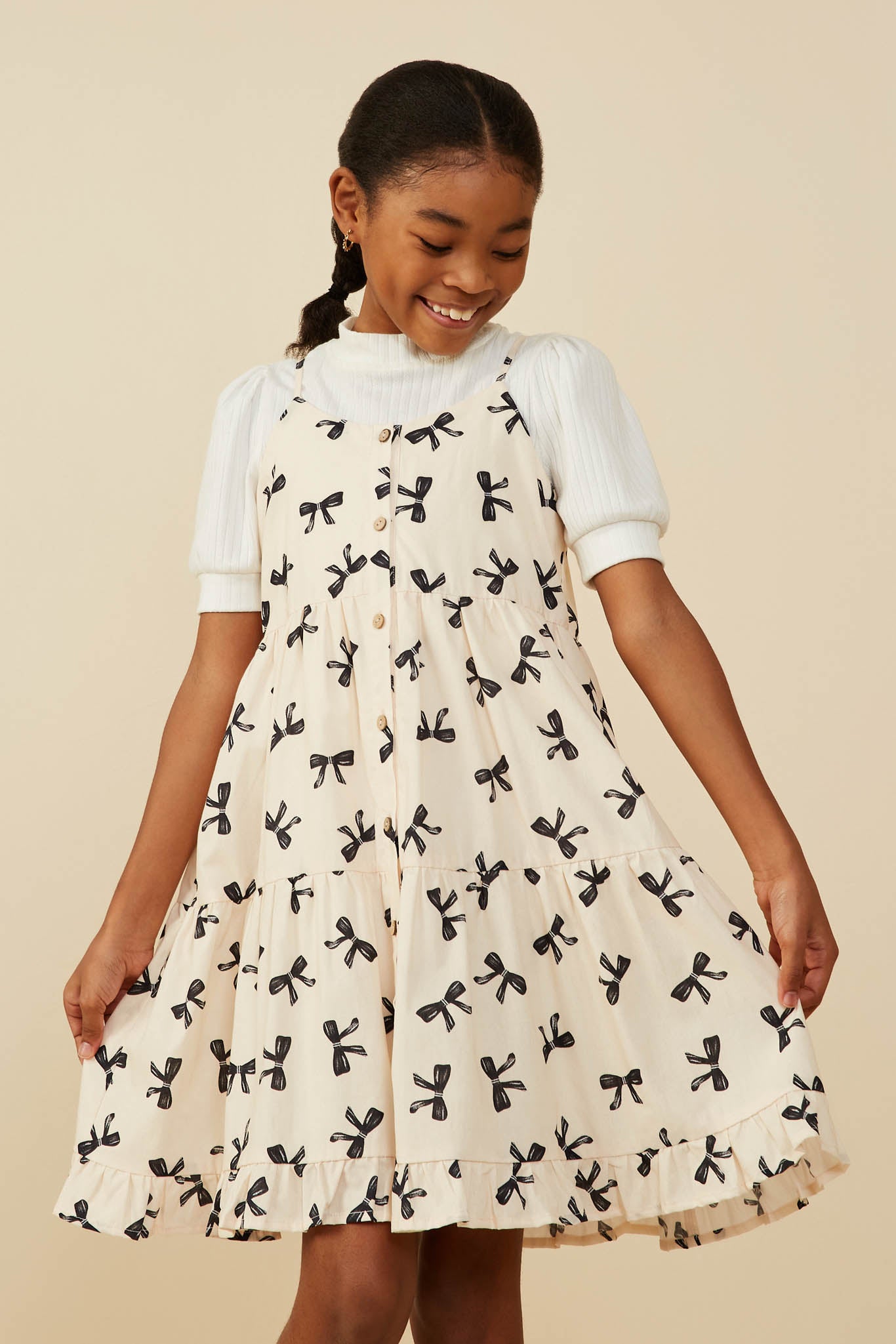 tiered tank dress Girls Tiered Bow Print Button Tank Dress