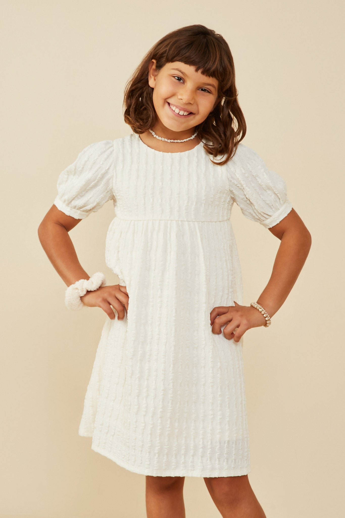 Girls Puff Sleeve Textured Dress | Cute Girls' Clothes Ivory / S Ivory *Girl's Dresses Midi Dresses Hayden Girls