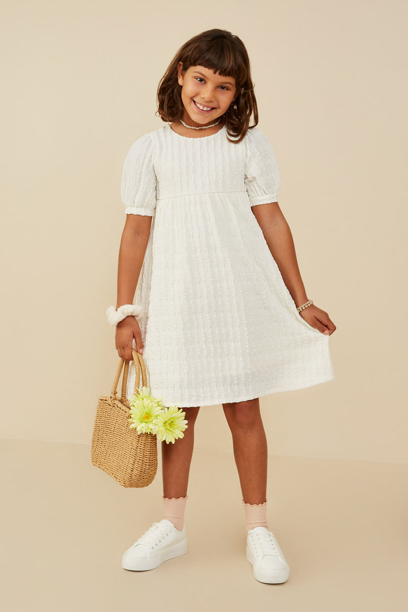 GY9215 Ivory Girls Textured Knit Puff Sleeve Dress Pose