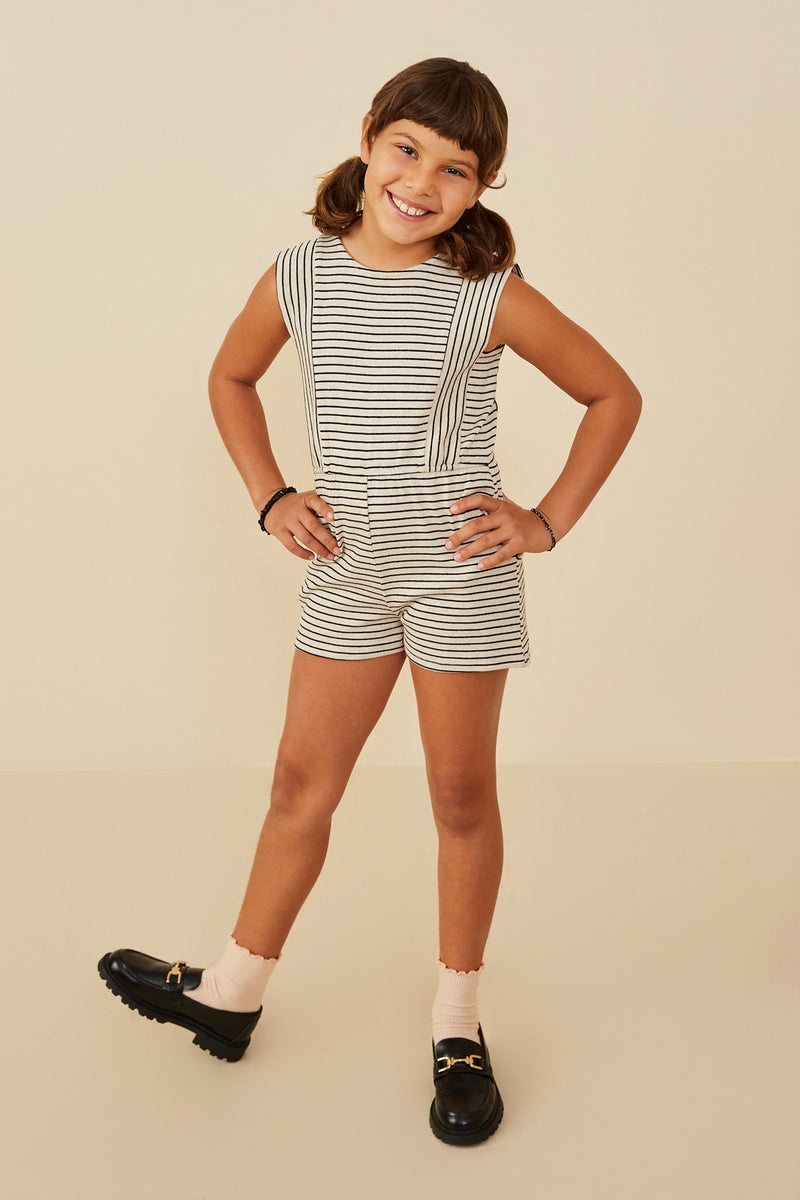 GY9218 Oatmeal Girls Brushed Striped Knit Sleeveless Romper Pose