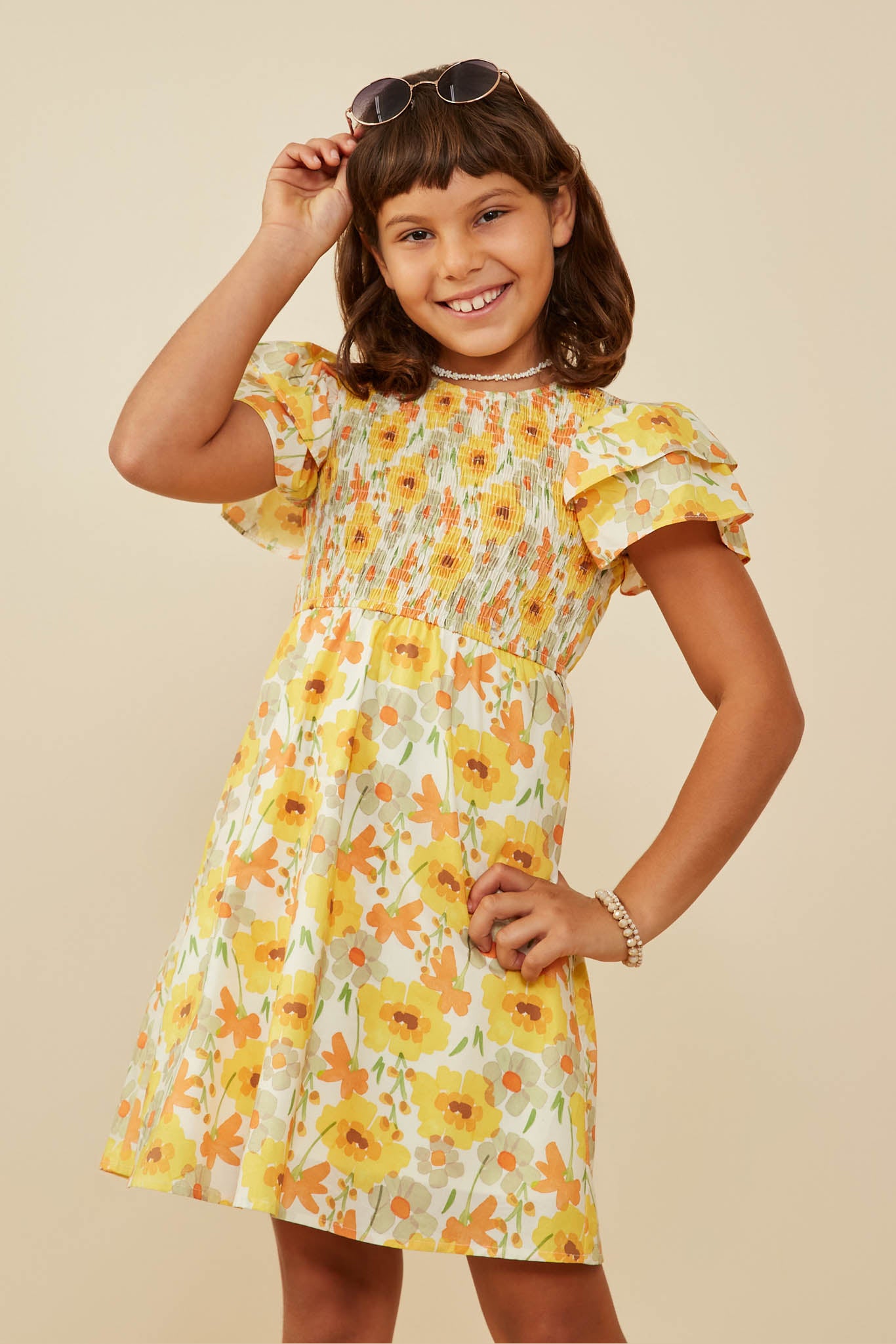 Girls Smocked Ruffle Sleeve Floral Dress | Cute Girls' Clothes Yellow / L Yellow *Girl's Dresses Midi Dresses Hayden Girls Girls Smocked Ruffle Sleeve Floral Dress | Cute Girls' Clothes Yellow / L Yellow *Girl's Dresses Midi Dresses Hayden Girls