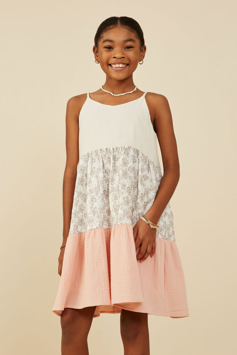 GY9229 Cream Girls Color Block Floral Detail Textured Dress Front