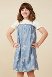 GY9256 Blue Girls Crochet Bow Embroidered Balloon Hem Dress Front