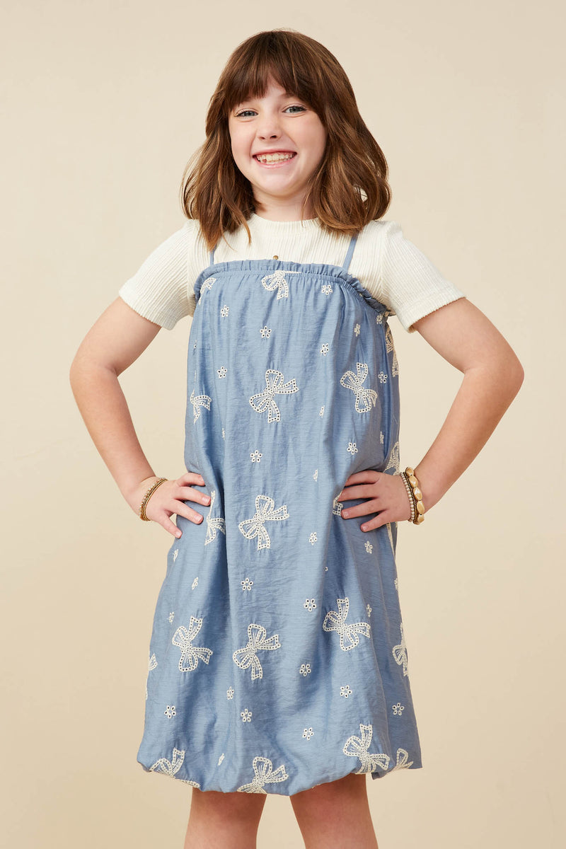 GY9256 Blue Girls Crochet Bow Embroidered Balloon Hem Dress Front