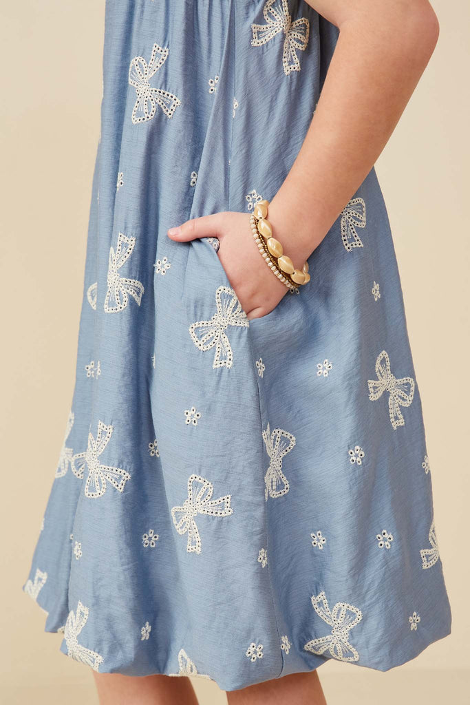 GY9256 Blue Girls Crochet Bow Embroidered Balloon Hem Dress Detail