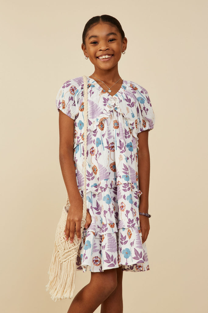 GY9259 Lavender Mix Girls Forest Print Ruffle Detail Textured Gauze Dress Front