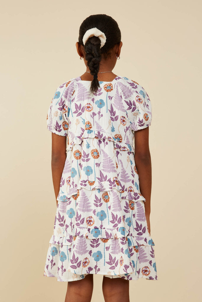 GY9259 Lavender Mix Girls Forest Print Ruffle Detail Textured Gauze Dress Back