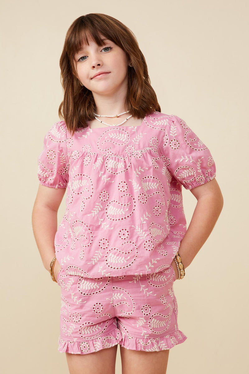 GY9268 Pink Girls Botanical Embroidered Square Neck Top Front