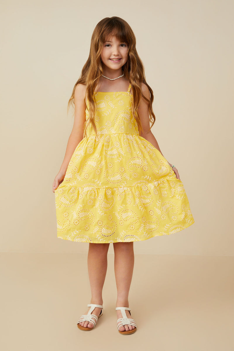 GY9271 Yellow Girls Paisley Embroidered Tiered Tank Dress Pose