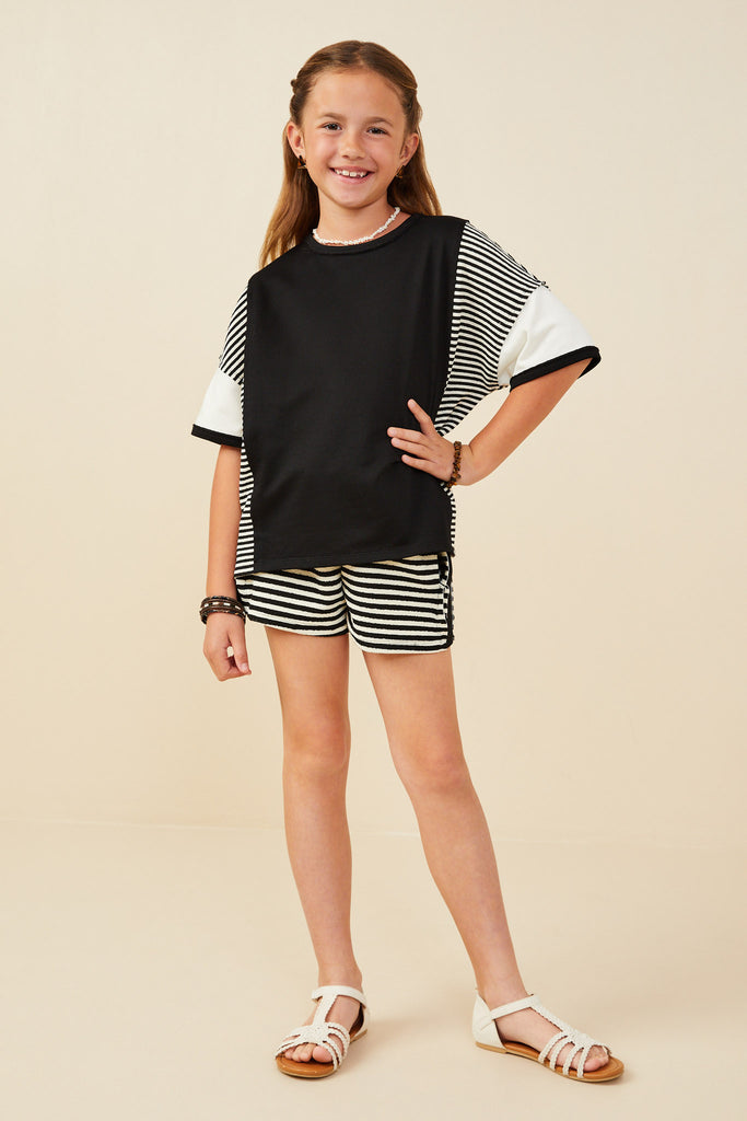 GY9284 Black Girls Colorblock Stripe Insert Knit T Shirt Full Body