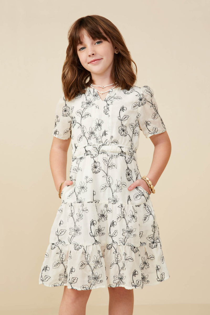 GY9297 Off White Girls Botanical Embroidered Notch Neck Dress Front