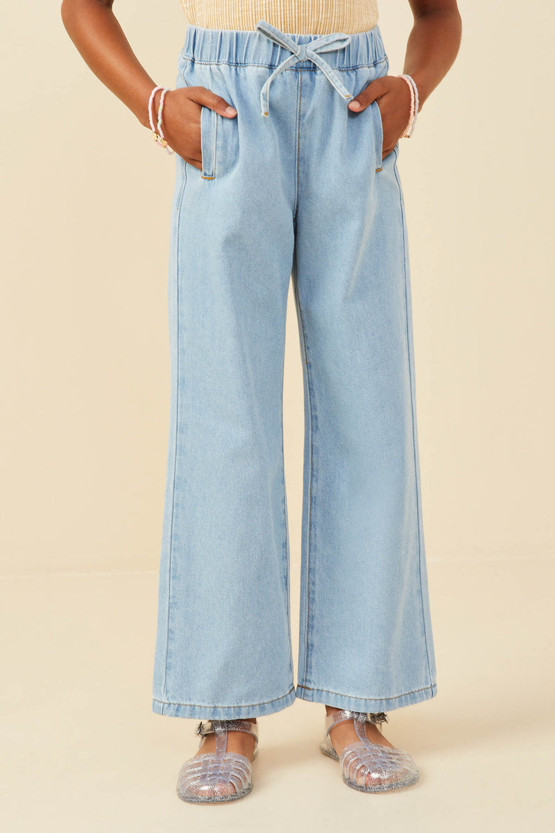 GY9360 Denim Girls Wide Leg Drawstring Waist Denim Pants Front