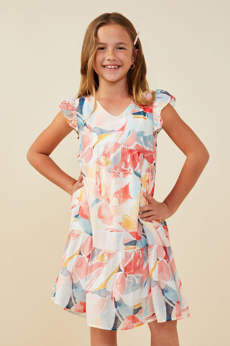 GY9389 Red Girls Large Floral Print V Neck Ruffle Sleeve Dress Front