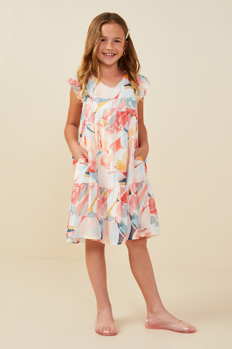 GY9389 Red Girls Large Floral Print V Neck Ruffle Sleeve Dress Pose