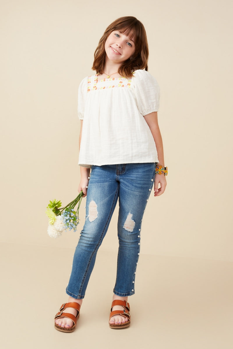 GY9402 Off White Girls Contrast Floral Lace Square Neck Textured Top Pose