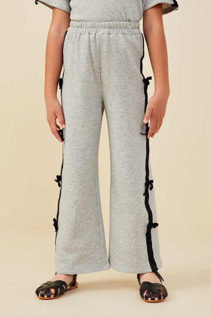 GY9421 Heather Grey Girls Bow Trim Side Stripe Terry Joggers Front