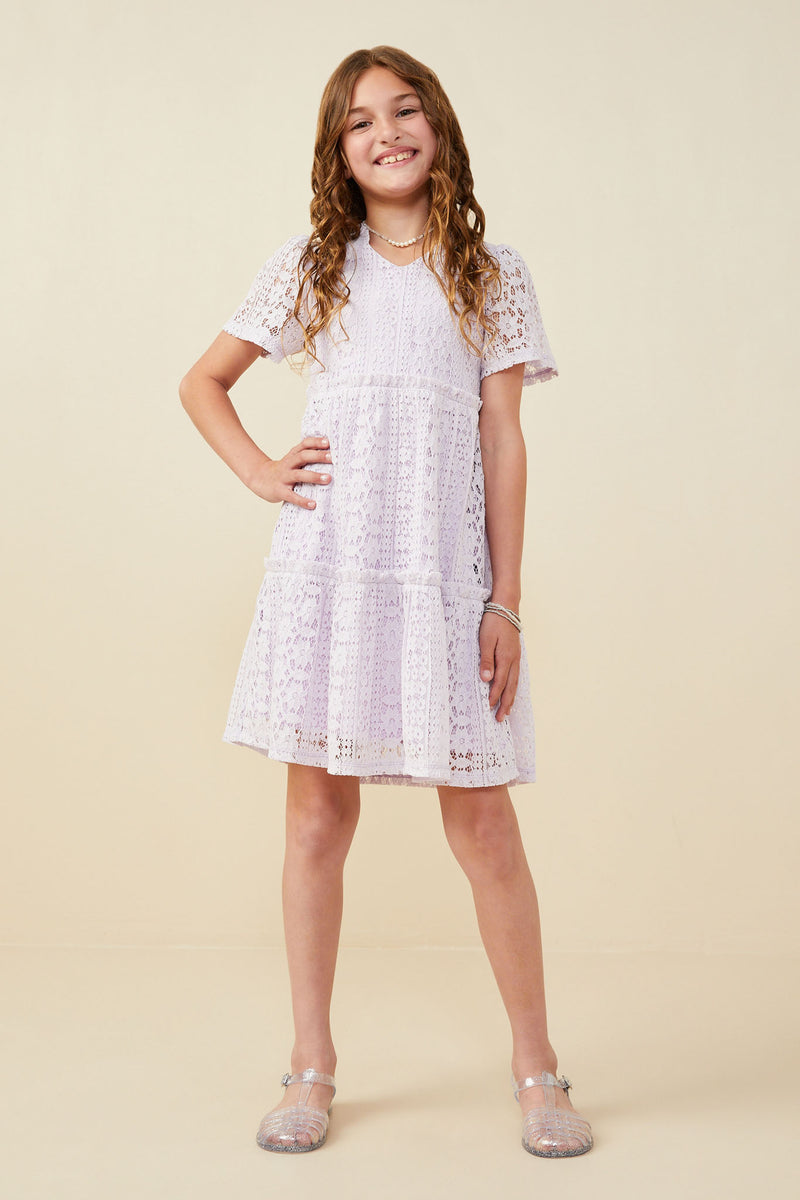 GY9425 Lavender Girls Ruffle V Neck Tiered Floral Lace Dress Pose