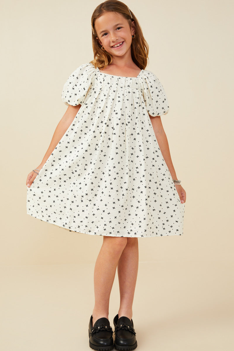GY9429 Ivory Girls Ditsy Bow Print Box Pleated Puff Sleeve Dress Pose