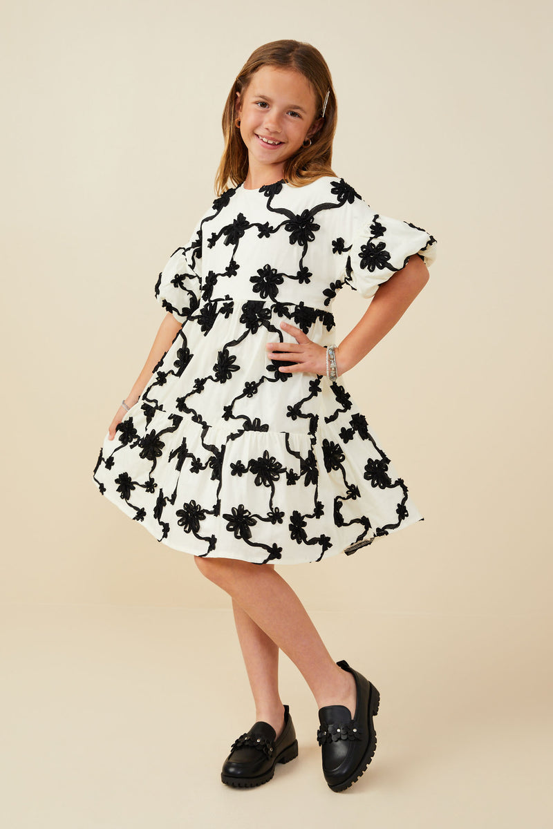 GY9459 Ivory Girls Floral Applique Ruffled Sleeve Dress Pose