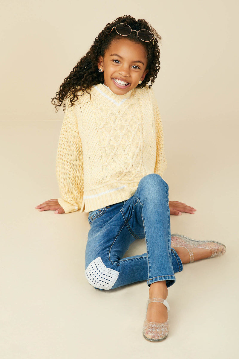GY9469 Yellow Girls Mixed Cable Knit V Neck Varsity Sweater Top Pose