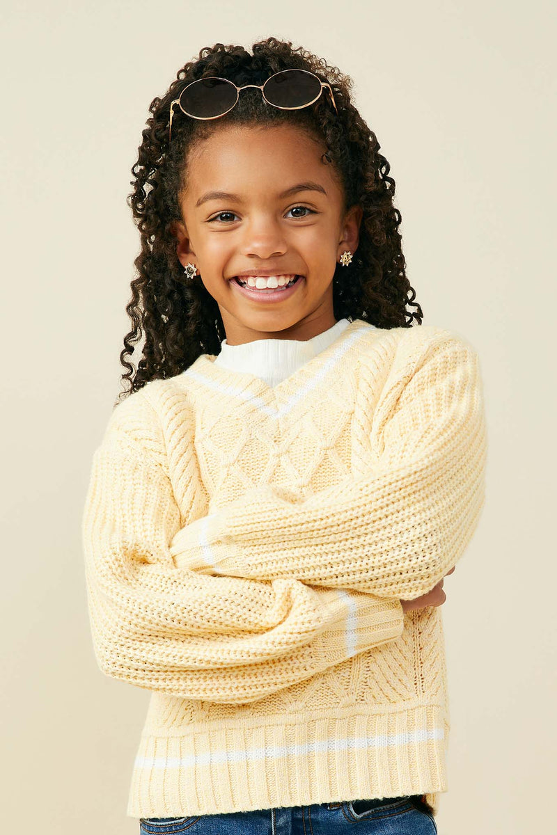 GY9469 Yellow Girls Mixed Cable Knit V Neck Varsity Sweater Top Front