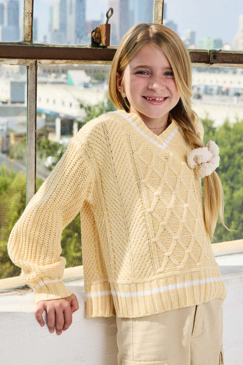 GY9469 Yellow Girls Mixed Cable Knit V Neck Varsity Sweater Top Editorial