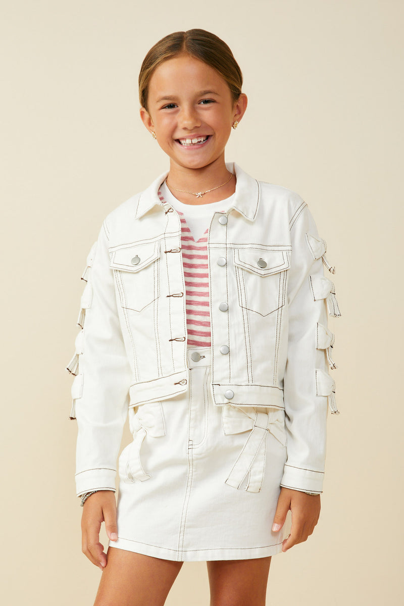 GY9483 Off White Girls Bow Detailed Denim Jacket Front