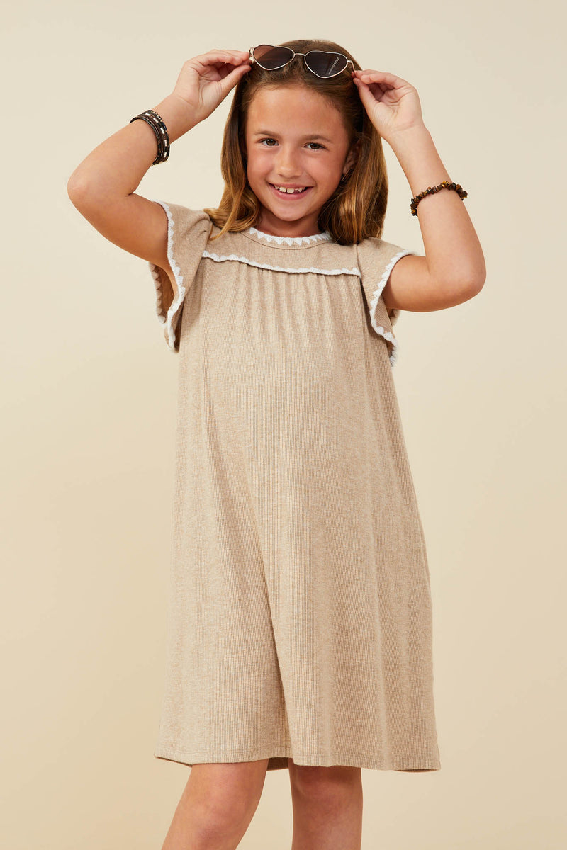 GY9488 Taupe Girls Crochet Contrast Stitched Ribbed Knit Dress Front