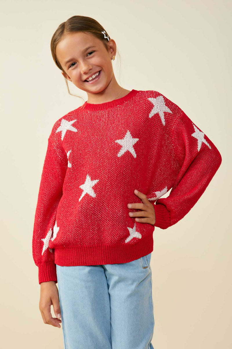 GY9517 Red Girls Star Print Loose Knit Sweater Top Front