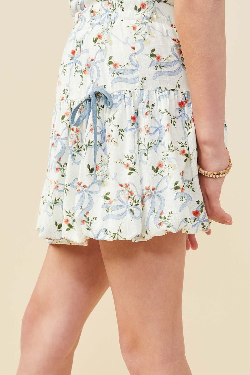 GY9561 Blue Girls Floral Ribbon Print Bow Detail Skirt Side