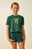 GY9585 Green Girls Sequin Bow Patch Ribbon Detail Knit Top Front