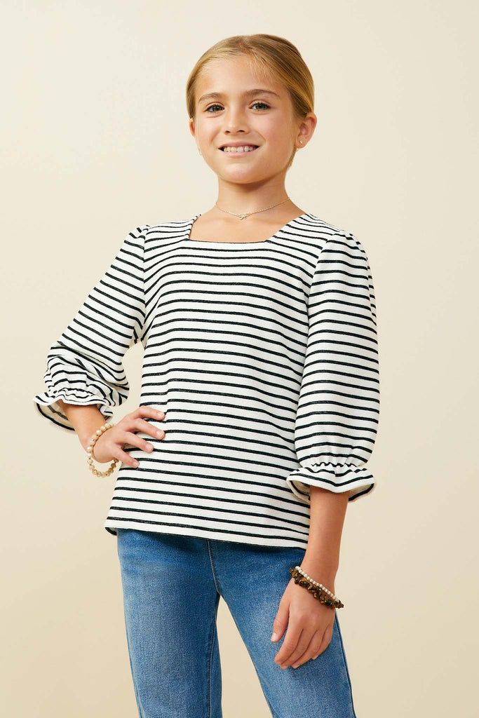 GY9719 White Black Girls Cinch Sleeve Striped Square Neck Knit Top Front