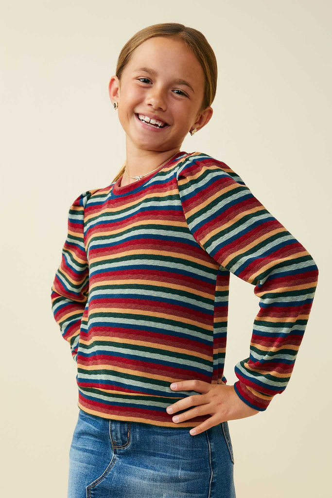 GY9772 Burgundy Mix Girls Multi Stripe Terry Knit Long Sleeve Top Side