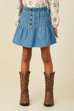 GY9779 Mid Denim Girls Pleated Button Detail Denim Skirt Front