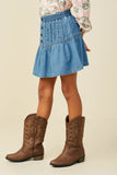 GY9779 Mid Denim Girls Pleated Button Detail Denim Skirt Side