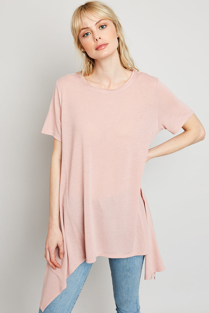 H5817 PINK Women's Raw Edge Tunic Tee Front