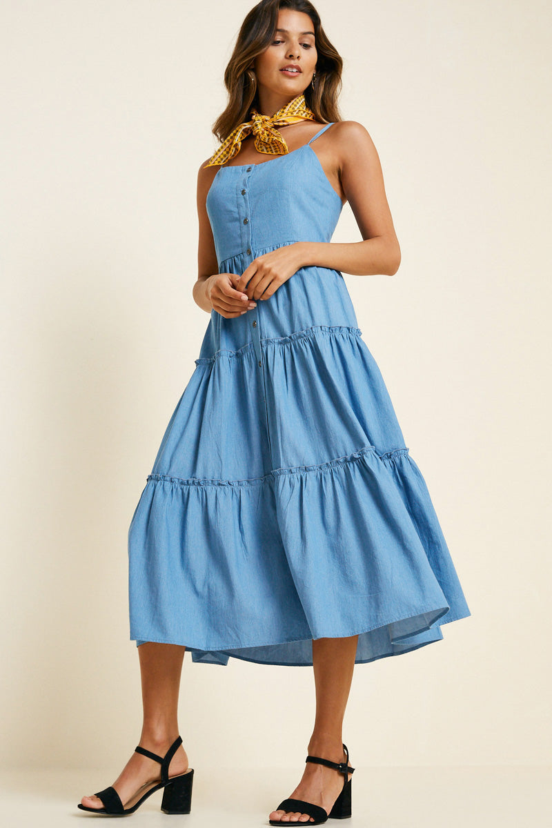 Denim Tier Button Down Midi Tank Dress