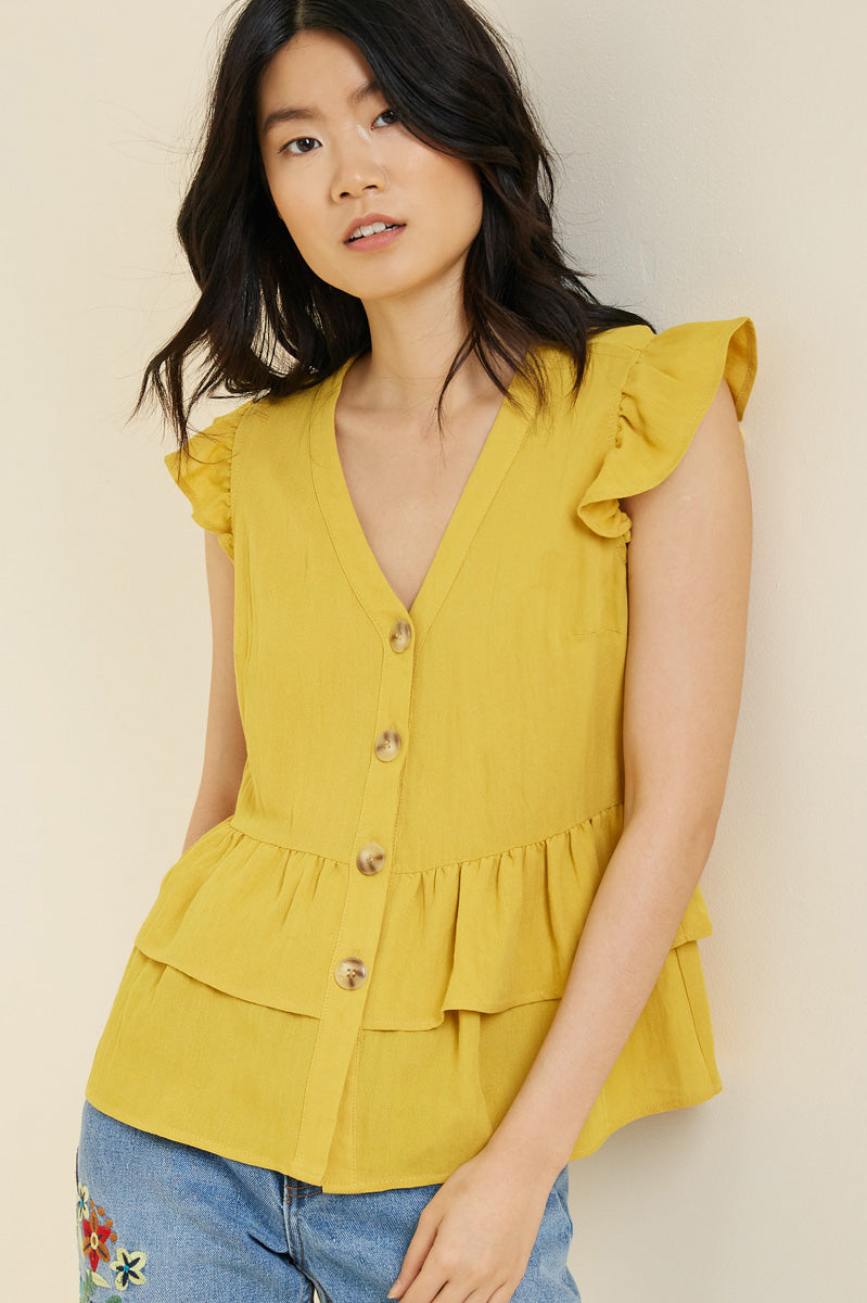 Button Down Tiered Ruffle Hem Shirt Dress Honey / S Honey Women's Tops Blouses Hayden Los Angeles