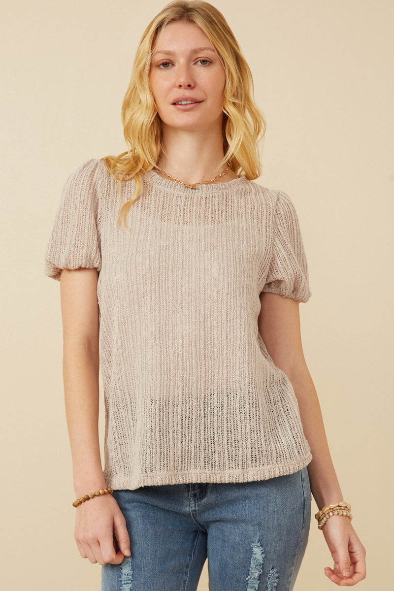 Womens Ribbed Knit Textured Puff Sleeve Top Front
