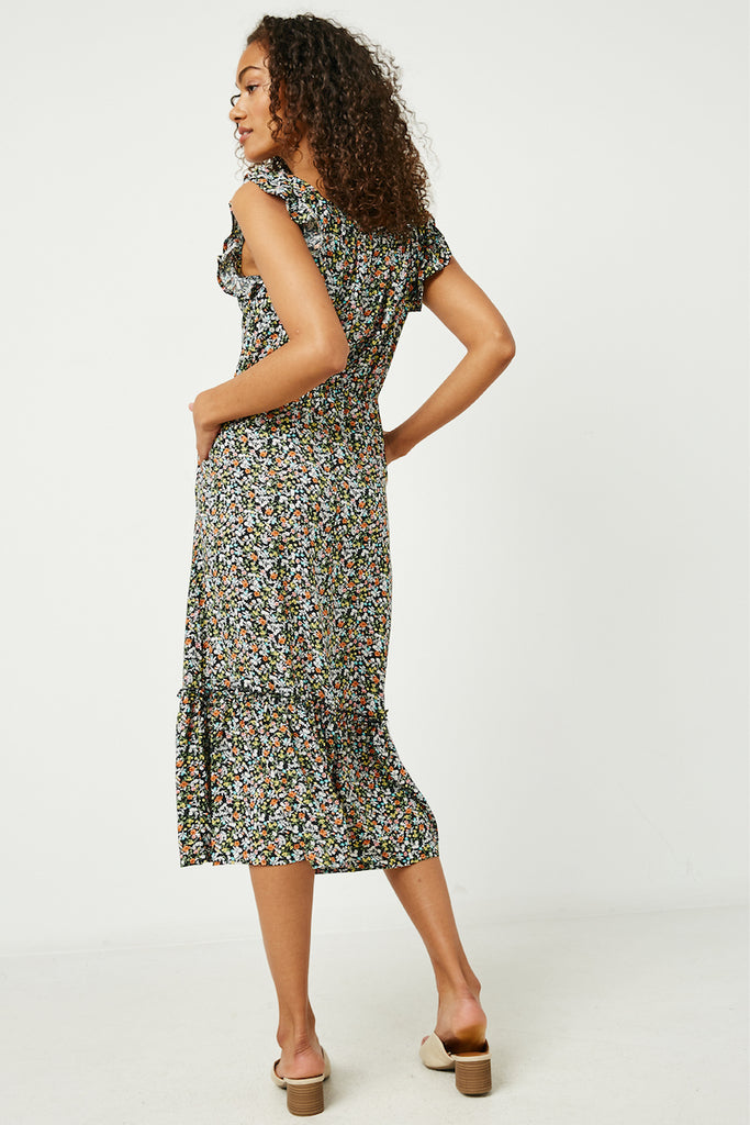 HY2650 Black Womens Ditsy Floral Ruffle Sleeveless Dress Back