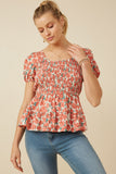 HY5662 Coral Womens Smocked Puff Sleeve Peplum Top Front